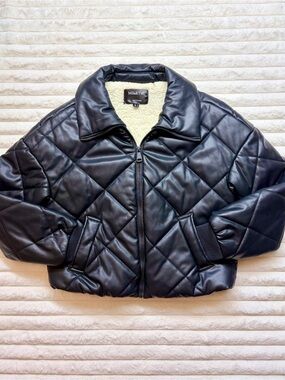 Mika $ Tiff Black Quilted Faux Leather Bomber Jacket with Sherpa Collar Size M